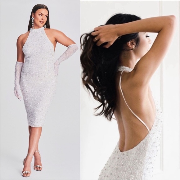 RETROFETE Hand Stitched Crystal & Sequin Sleeveless Halter Open Back Dress S - Picture 6 of 14